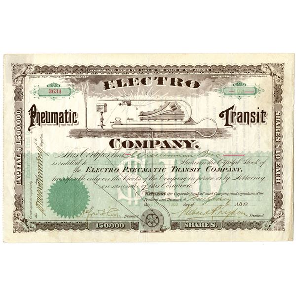 NJ. Electro Pneumatic Transit Co., 1900, I/U Stock Certificate.