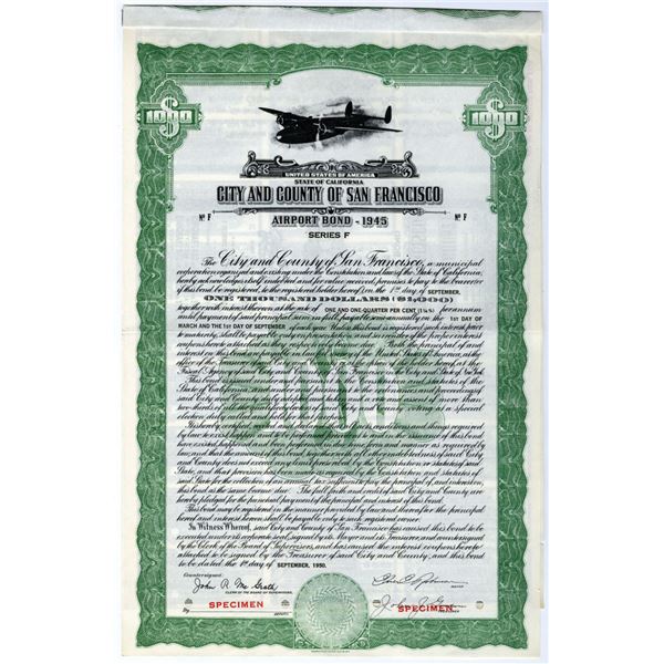 CA. City and County of San Francisco, 1950, Specimen Coupon Bond.
