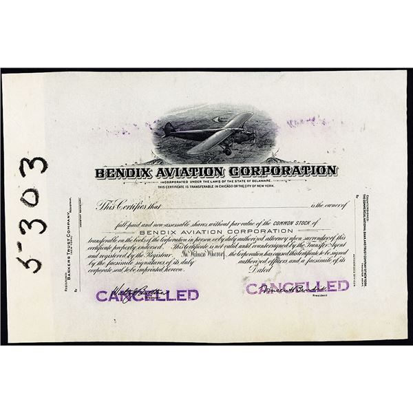 Bendix Aviation Corp., ca.1920-1930's Progress Proof Plate Cancellation Stock Certificate