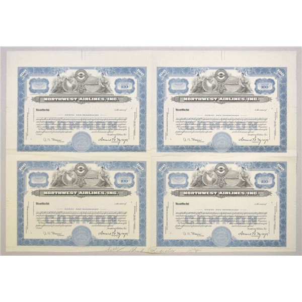 MN. Northwest Airlines, Inc., ND (1940 to 1950s), Uncut Sheet of 4 Proof Stock Certificates.