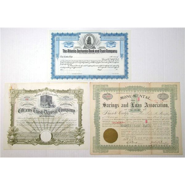 Maryland Stock Certificate Trio, 1895 to 1900, Includes a Specimen and Issued Certificates.