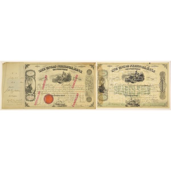 CT. Uncas National Bank of Norwich, 1880 and 1897, Including a Serial #1 Stock Certificate