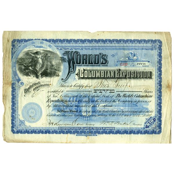 IL. World's Columbian Exposition, 1891, I/U Stock Certificate.