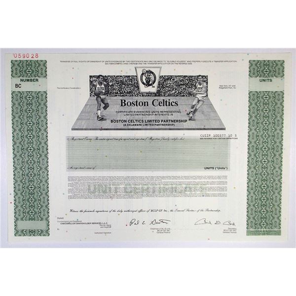 MA. Boston Celtics Limited Partnership, 1987, Specimen Certificate of Ownership