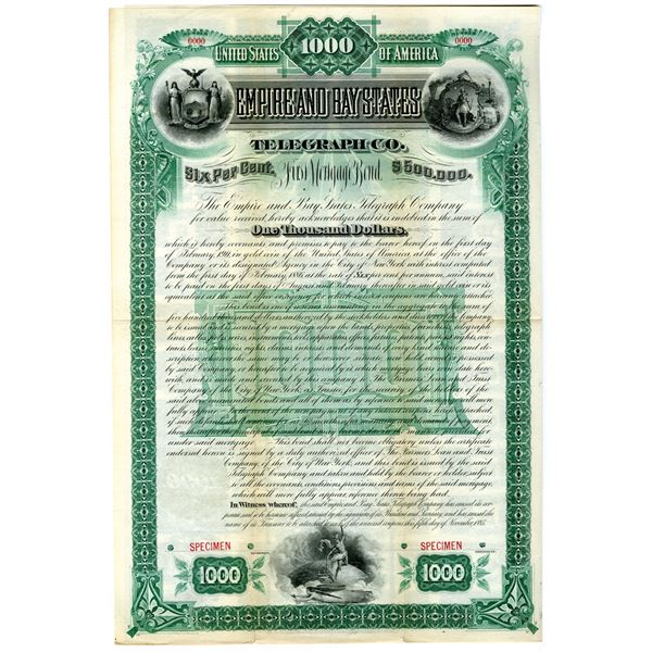 NY. MA. Empire and Bay States Telegraph Co., 1885 Specimen Bond