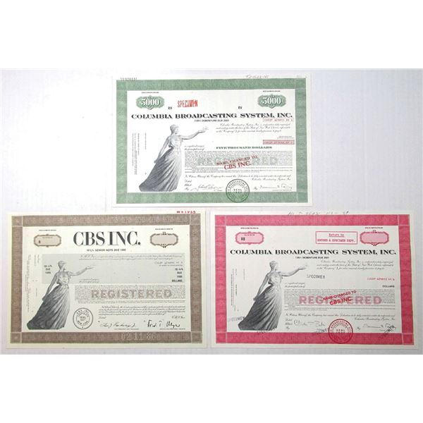 NY. CBS Inc. and Columbia Broadcasting System, Inc., 1987 to 1995, Specimen Bond Trio.