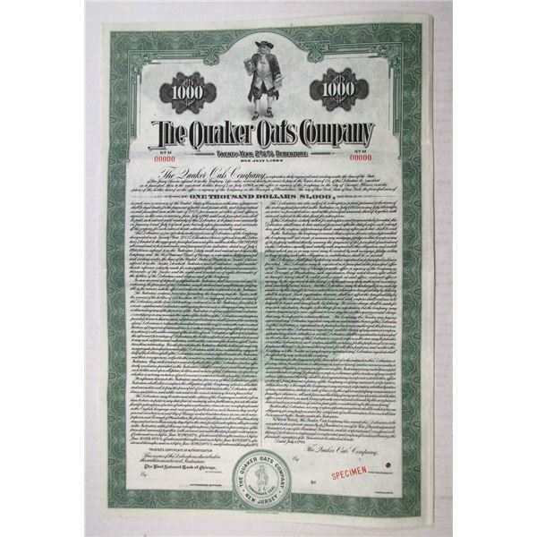 NJ. Quaker Oats Co., 1944, Specimen Coupon Bond.