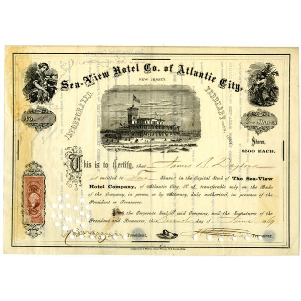 NJ. Sea-View Hotel Co. of Atlantic City, 1864, I/C Stock Certificate.