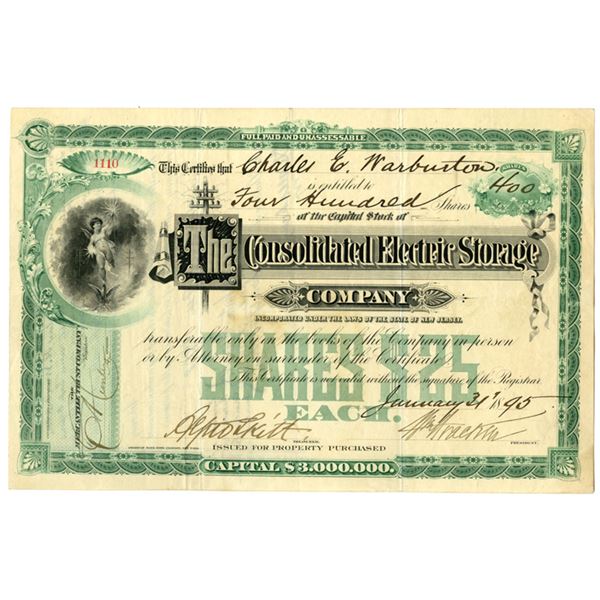 NJ. Consolidated Electric Storage Co., 1895, I/U Stock Certificate.
