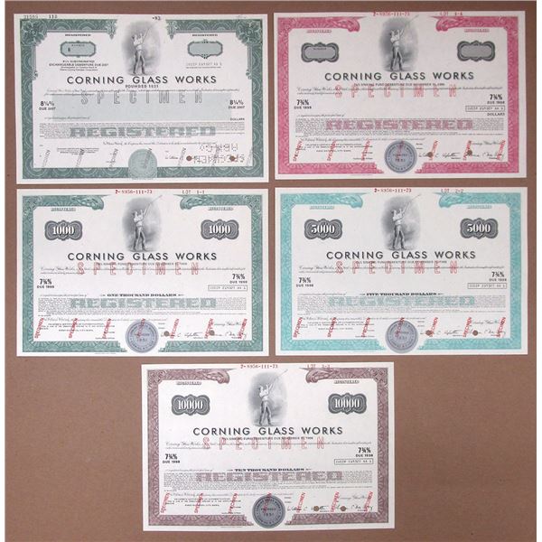 NY. Corning Glass Works, 1973 to 1983, Registered Bond Specimen Quintet, All with Glass Blower Vigne