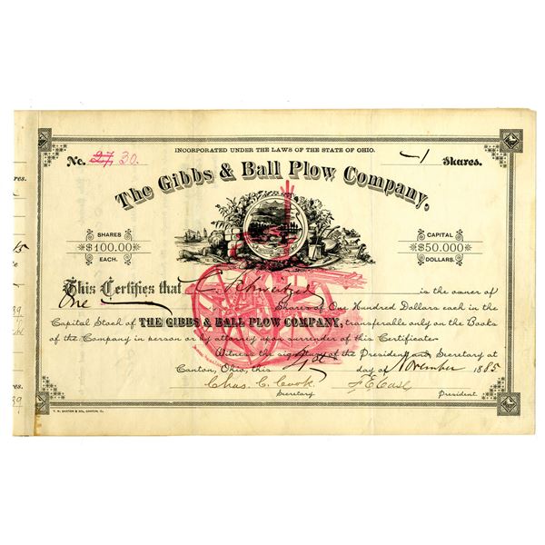 OH. Gibbs & Ball Plow Co., 1885, I/U Stock Certificate
