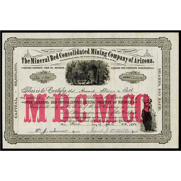 AZ Territory. Mineral Bed Consolidated Mining Company of Arizona, 1881 I/U Stock Certificate