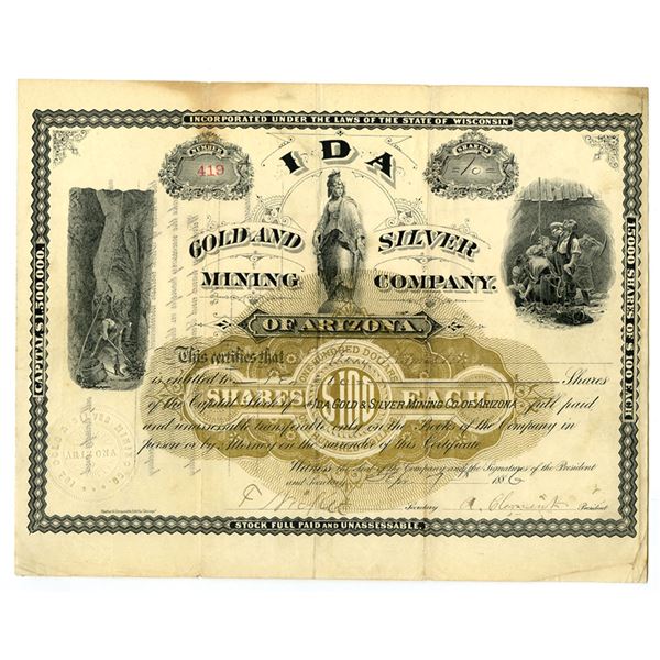 AZ. Ida Gold and Silver Mining Company of Arizona, 1886, I/U Stock Certificate