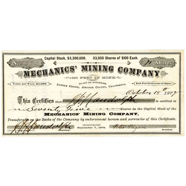 CA. Mechanics' Mining Co., 1877 "Sutter Creek" I/U Stock Certificate.