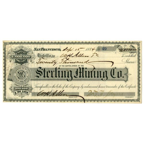 CA. Sterling Mining Co., 1884, I/U Stock Certificate