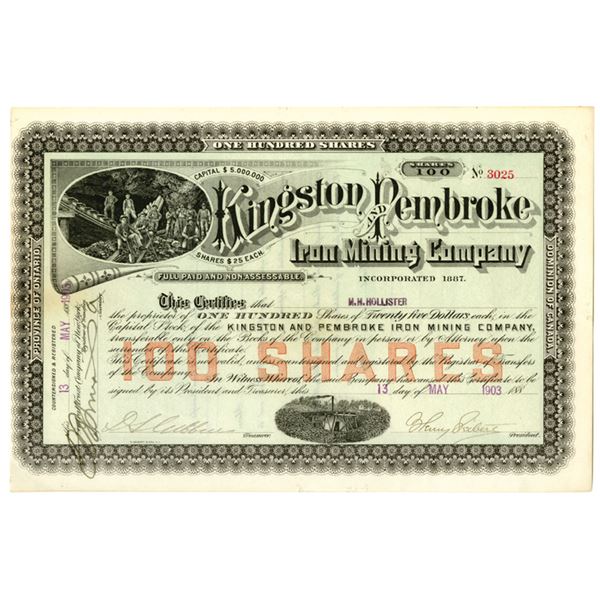Canada. Kingston and Pembroke Iron Mining Co., 1903, I/U Stock Certificate.