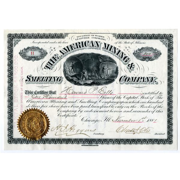 CO. American Mining & Smelting CO., 1881, I/U Stock Certificate.