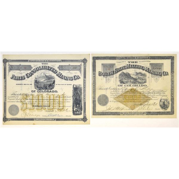 CO. South Side Milling, and Paris Consolidated Mining Cos., 1881 & 1882, I/U Stock Certificate Pair.