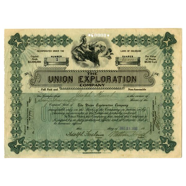 CO. Union Exploration Co., 1906, I/U Stock Certificate with S/N 1