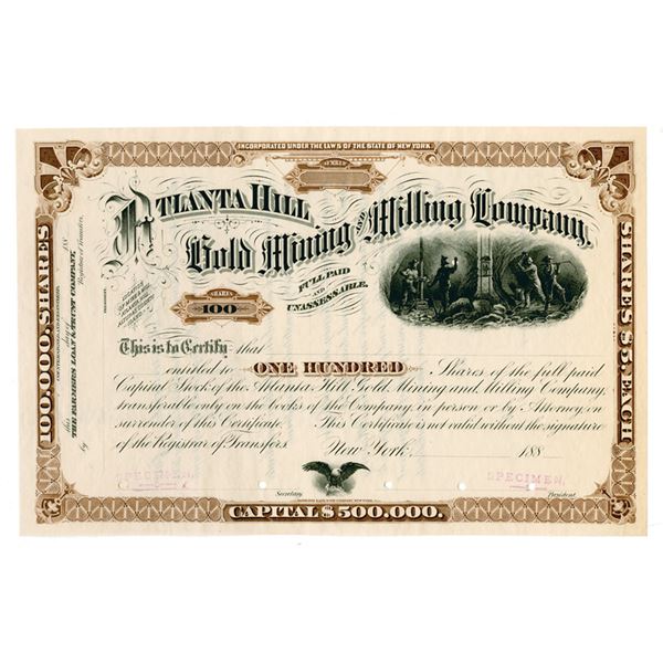 Idaho Territory. Atlanta Hill Gold Mining and Milling Co., 1880's (ca.1881-1888) Specimen Stock Cert