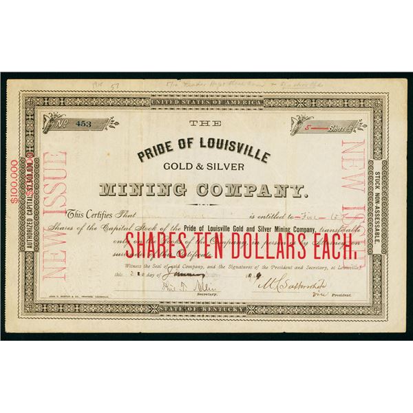 KY. Pride of Louisville Gold & Silver Mining Co., 1909, I/U Stock Certificate