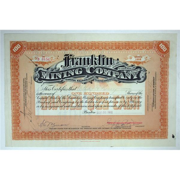 MI. Franklin Mining Co., 1912, I/U Stock Certificate