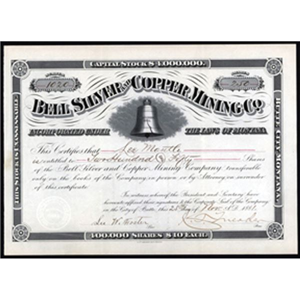 Montana Territory. Bell Silver and Copper Mining Co., I/U Stock Certificate.