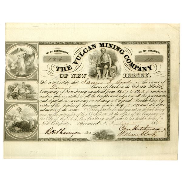 NJ. Vulcan Mining Company of New Jersey., 1848, I/U Stock Certificate.