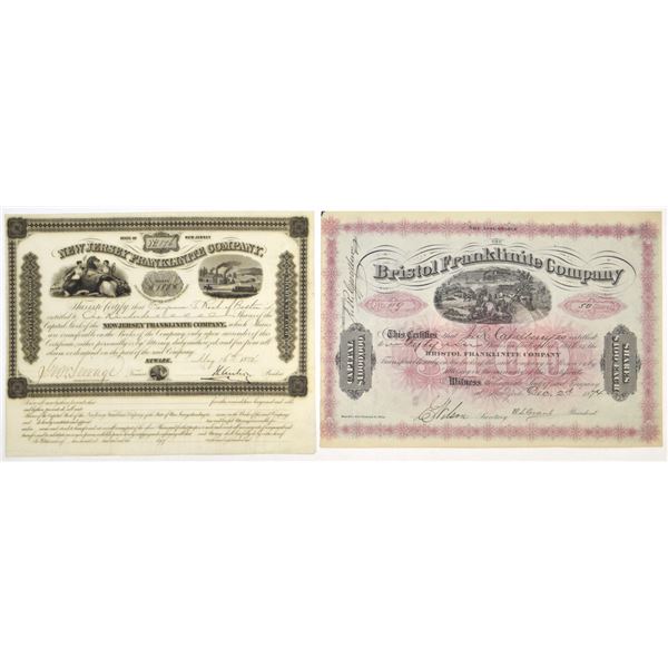 NJ & NY. 1854, New Jersey Franklinite; and, 1874, Bristol Franklinite Co., I/U Stock Certificate Pai