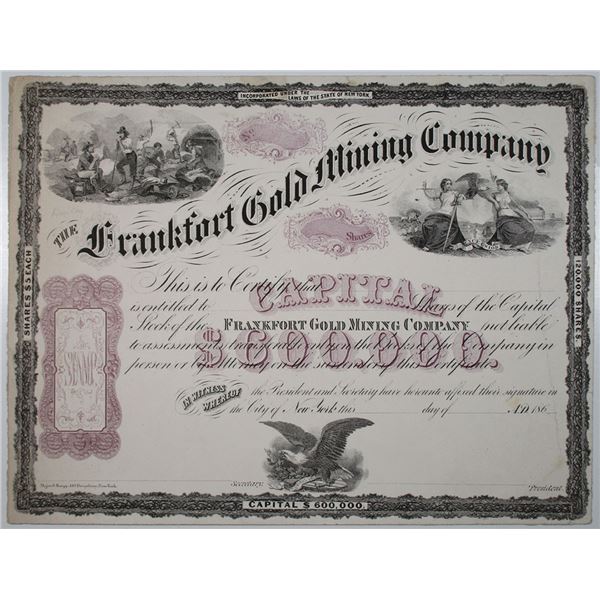 NY. Frankfort Gold Mining Co. 1860s Litho Proof Stock Certificate By Major & Knapp, NY