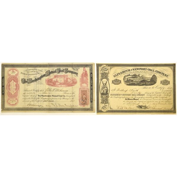 PA. Elizabeth and Newport Coal & Washington Mutual Coal Co., 1858 and 1867, I/U Stock Certificate Pa