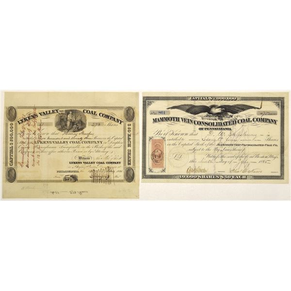 PA. Lykens Valley Coal and Mammoth Vein Consolidated Coal, 1838 and 1865, Pair of Stock Certificates