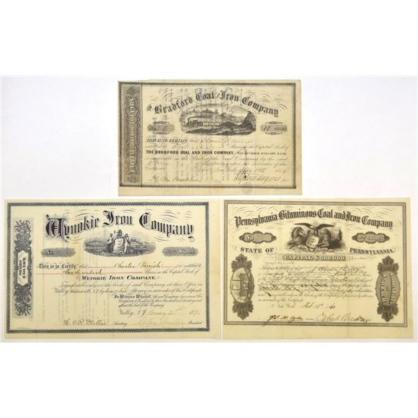 PA. Pennsylvania Based Trio of I/U Mining Stock Certificates, 1856 to 1890.