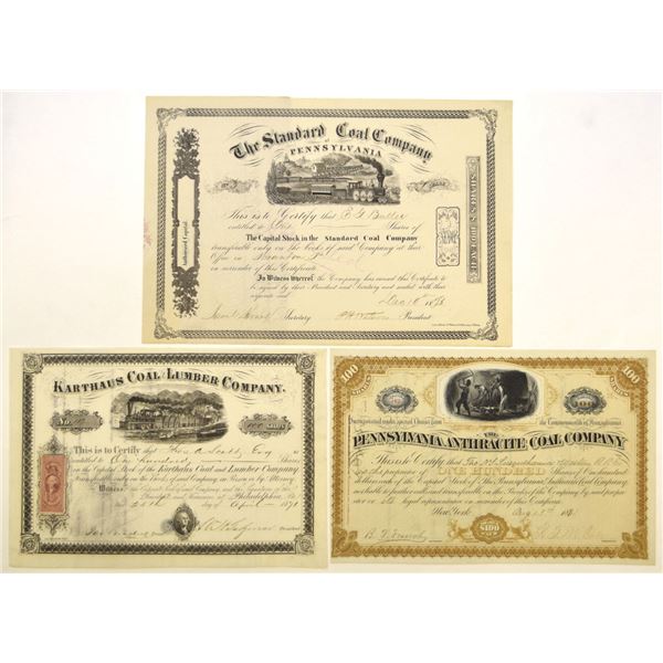 PA. Pennsylvania Coal Company Stock Certificate Trio, 1871 to 1881.