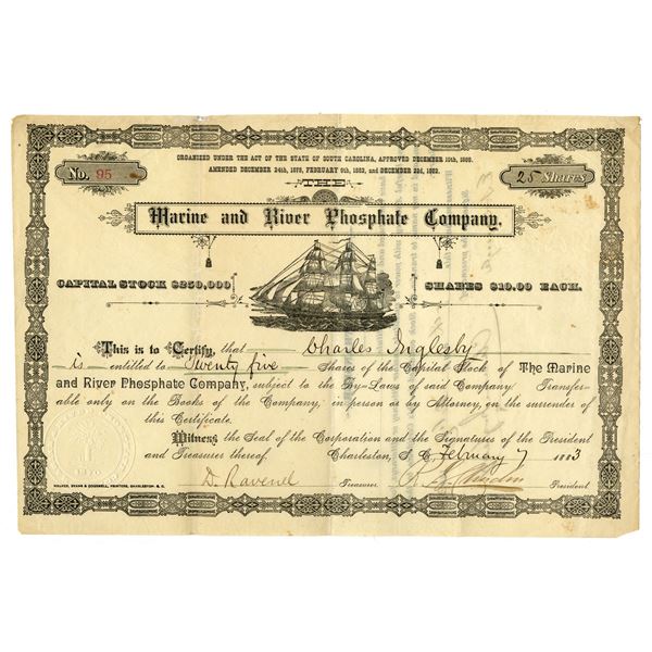 SC. Marine and River Phosphate Co., 1883 I/U Stock Certificate.