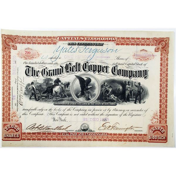 TX. NY., Grand Belt Copper Co. 1885 I/U Stock Certificate With Company Established by Civil War Gene