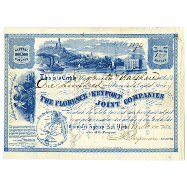 NJ. Florence and Keyport Joint Companies, 1854, I/U Stock Certificate.