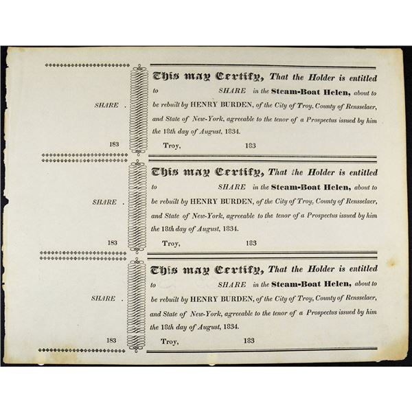 NY. Steam-Boat Helen. 1834 U/U Stock Certificate Sheet of 3.