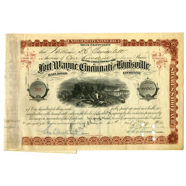 IN. Fort Wayne, Cincinnati and Louisville Railroad Co., 1900, I/C Stock Certificate, ITASB William K
