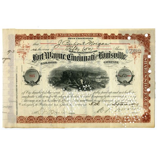 IN. Fort Wayne, Cincinnati and Louisville Railroad Co., 1913, I/C Stock Certificate, ITASB,  J. Pier