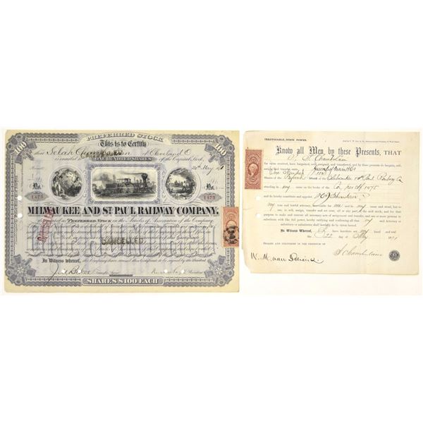 MN. Milwaukee and St. Paul Railway Co., 1871, I/C Stock Certificate Signed by Russell Sage as Presid
