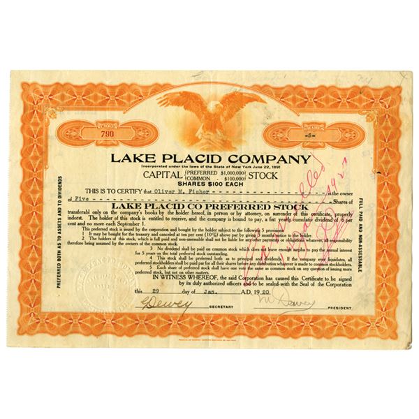NY. Lake Placid Co., 1920, I/C Stock Certificate, Signed by the President, Melvil Dewey, Developer o
