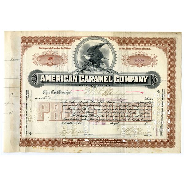 PA. American Caramel Co., 1901, I/C Stock Certificate Signed by Milton Hershey.