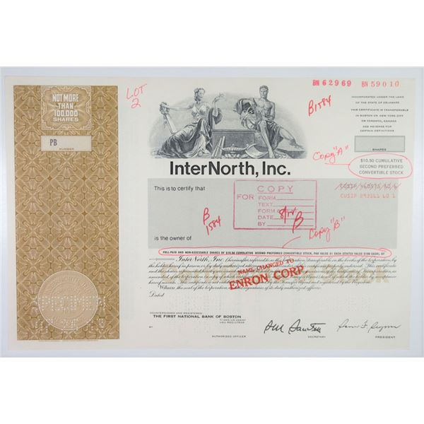 TX. InterNorth, Inc., Transition Certificate to ENRON, 1983 Production Department Specimen Stock Cer