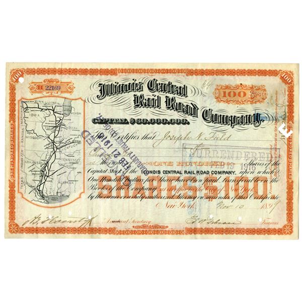 IL. Illinois Central Rail Road Co., 1899, I/C Stock Certificate Issued to Joseph N. Field.
