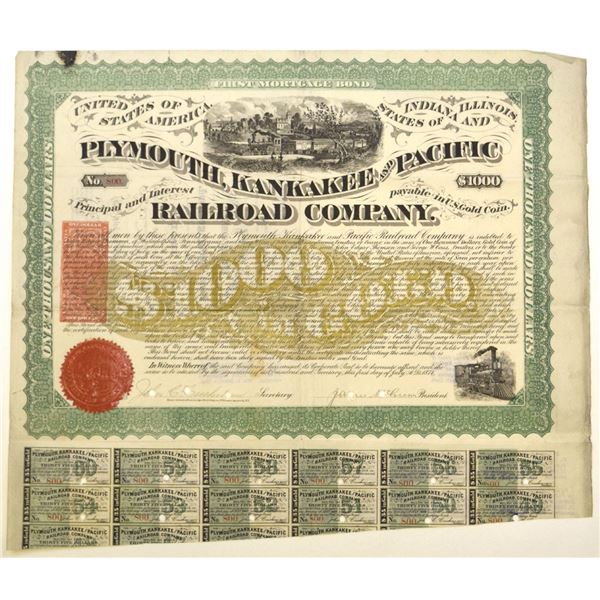IN & IL. Plymouth, Kankakee and Pacific Railroad Co., 1871, I/C Coupon Bond.