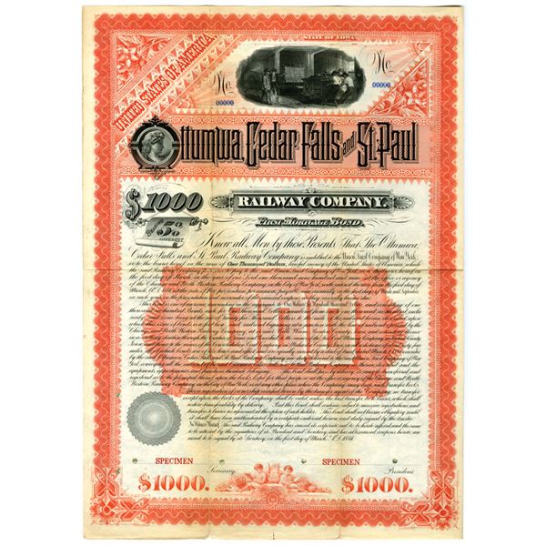 IA. Ottumwa, Cedar Falls and St. Paul Railway Co., 1884, Specimen Bond.