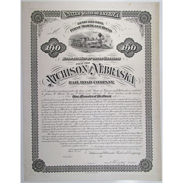 Atchison and Nebraska Rail Road Co., 1878 Progress Proof Bond Rarity