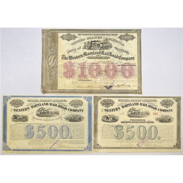 MD. Western Maryland Rail Road Co., 1858 to 1868, I/C Bond Trio.