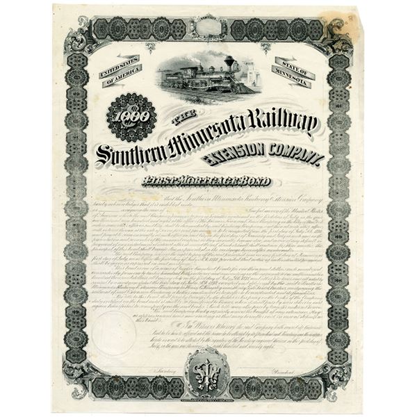 Southern Minnesota Railway Extension Co. 1878 Unique Production Progress Proof Bond With Handwritten